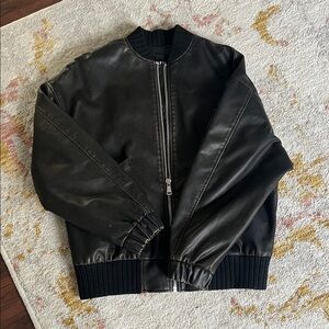 Women's Black Faux Leather Bomber Jacket
